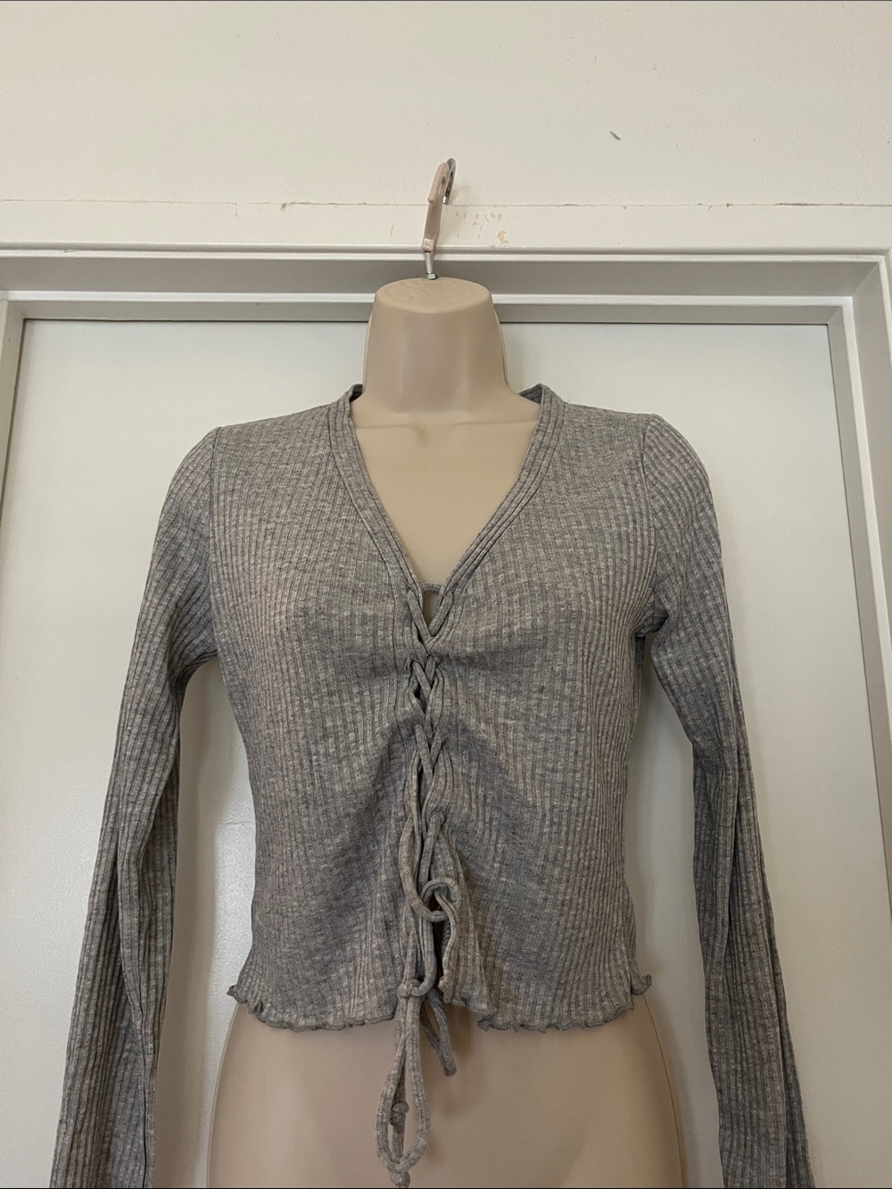Fashion Nova Gray Ribbed Lace-Up V-Neck Crop Top